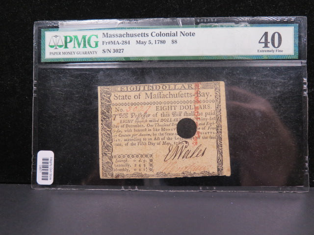 1780 $8 Massachusetts Colonial Note, PMG Graded EF-40, Store