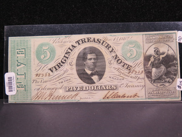 1862 $5 Virginia Treasury Note, 'Civil War Era', Nice Note. Store #04906