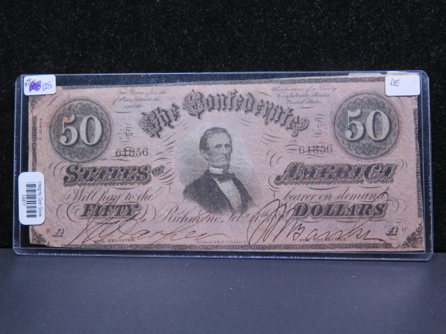 1864 $50 C.S.A. Civil War Era Currency. Southern States. Store