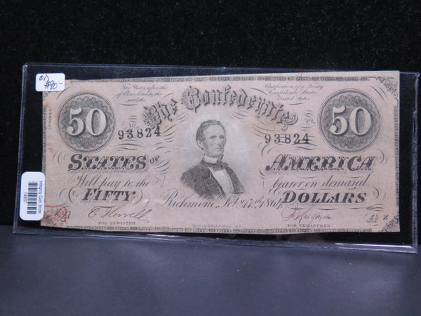 1864 $50 C.S.A. Civil War Era Currency. Southern States. Store #04807