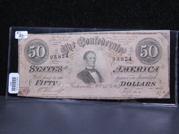 1864 $50 C.S.A. Civil War Era Currency. Southern States. Store #CSA002
