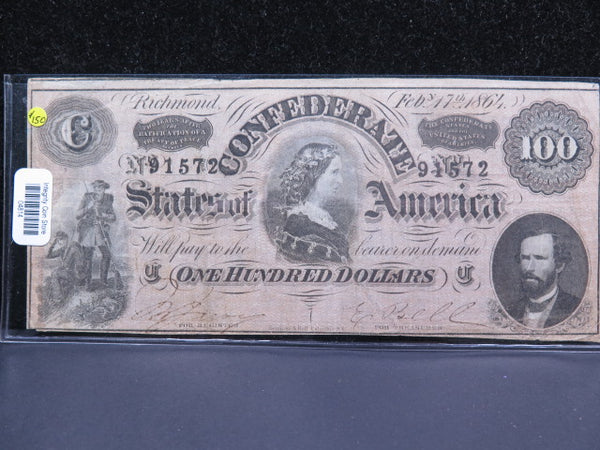 1864 $100 C.S.A. Note, Civil War Era Currency. Store Sale #04814
