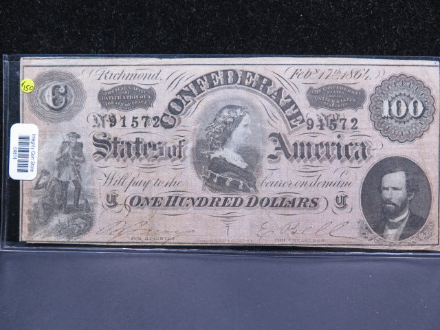 1864 $100 C.S.A. Note, Civil War Era Currency. Store Sale