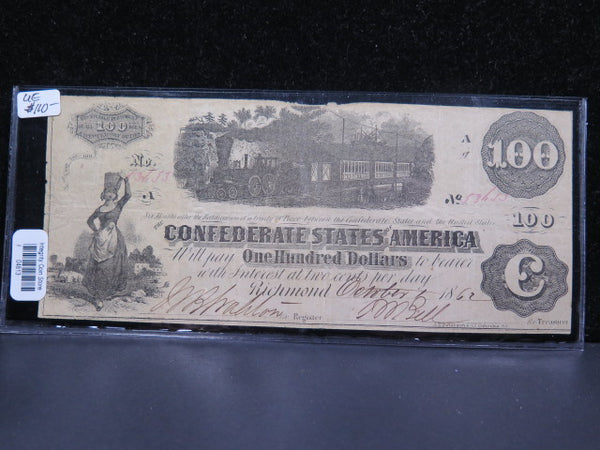 1862 $100 C.S.A. Note, Civil War Era Currency. Store Sale #04813