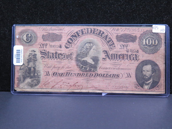 1864 $100 C.S.A. Note, Civil War Era Currency. Store Sale #04808