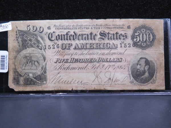 1864 $500 C.S.A. Note, Civil War Era Currency. Store Sale #04809