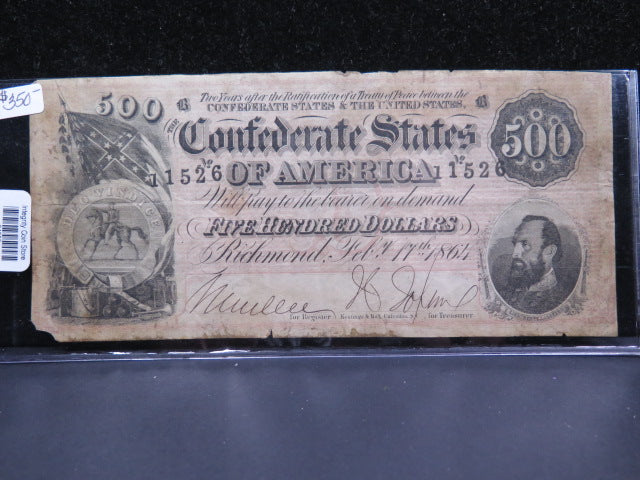 1864 $500 C.S.A. Note, Civil War Era Currency. Store Sale