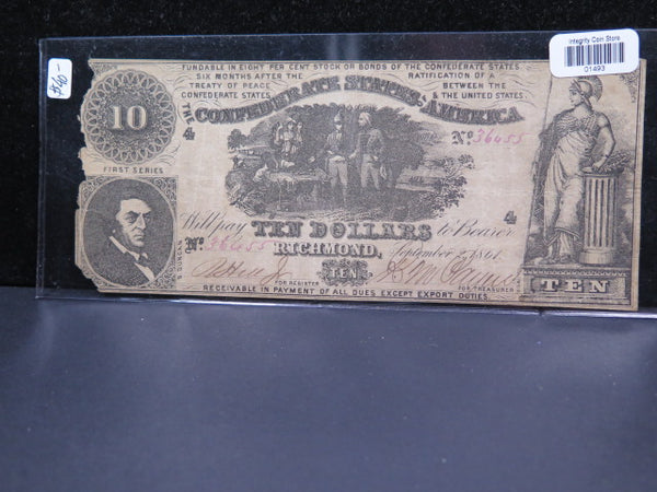 1861 $10 C.S.A., Civil War Era Currency.  Store Sale #01493