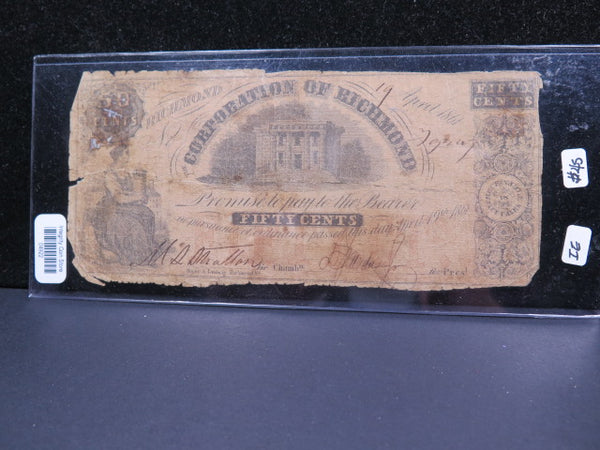 1861 50 Cent, Corporation of Richmond, Obsolete Currency, Store #04992