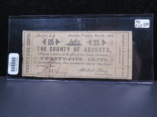 1862 25 Cent, Obsolete Currency, Staunton, VA. Store #04836