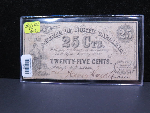 1863 25 Cent, Obsolete Currency. North Carolina, Store #04838