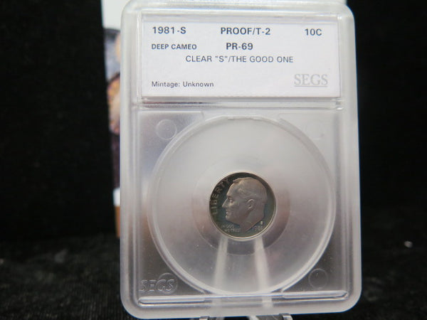 1981-S Roosevelt Dime, Type 2, SEGS PF69 Deep Cameo. Store #08539
