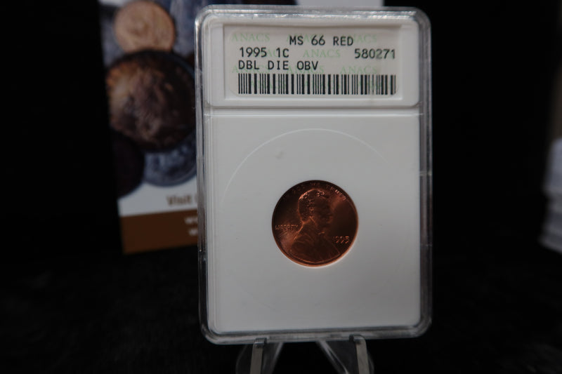 1995 Double Die Obverse Lincoln Memorial Cent, ANACS Graded MS66 RD, Store