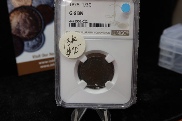 1828 Classic Head Half Cent. NGC Graded G6 BN. Store #08476