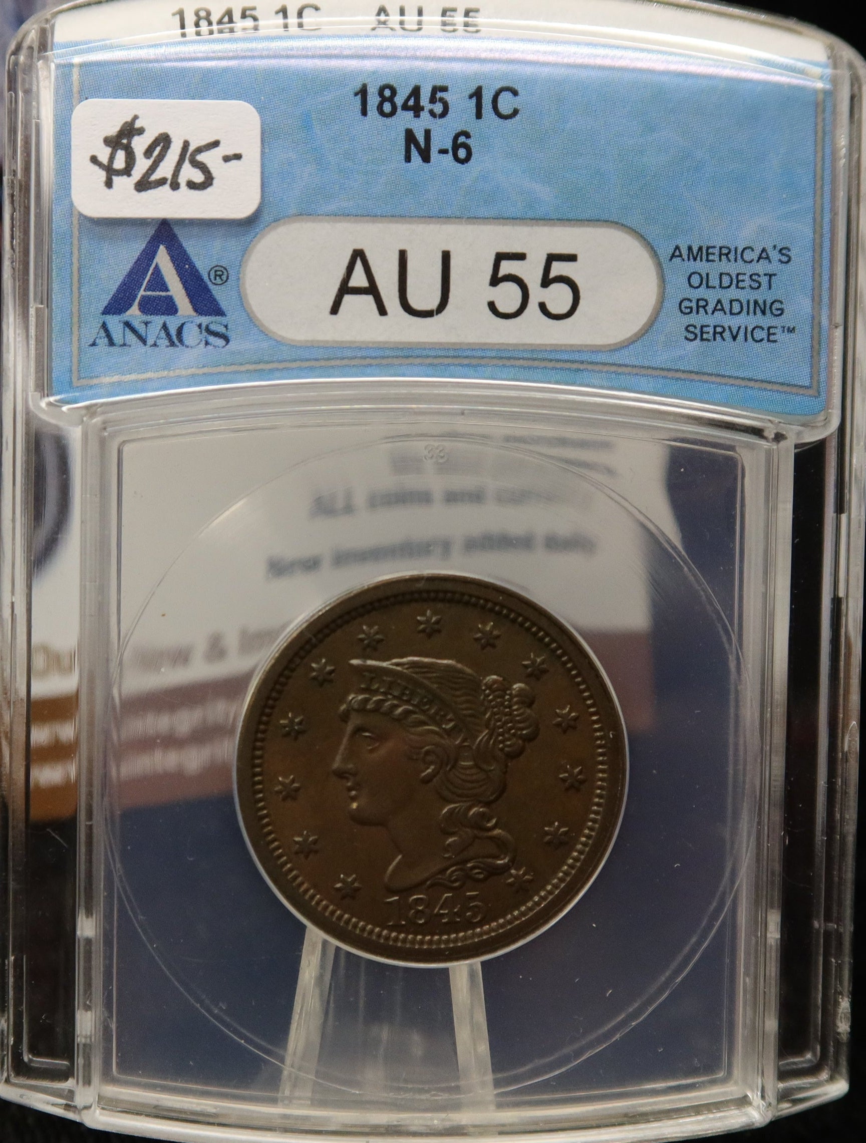 1845 Liberty Head Large Cent.  ANACS Graded AU55. Store #CT1432