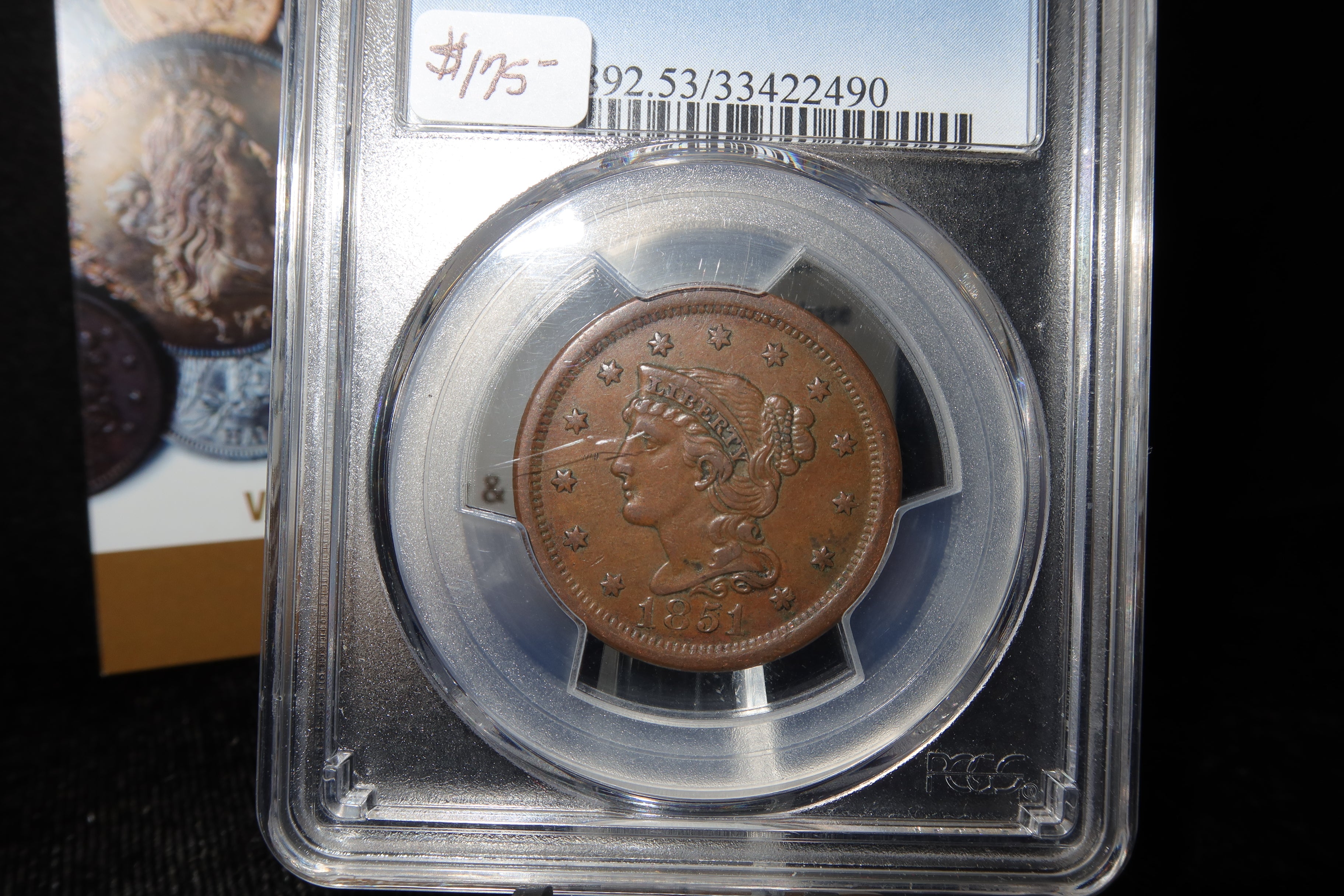 1851 Liberty Head Large Cent.  PCGS Graded AU53. Store #08482