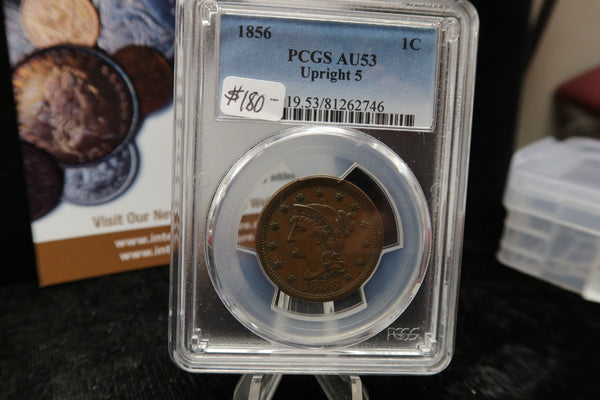 1856 Liberty Head Large Cent.  PCGS Graded AU53. Store #08485
