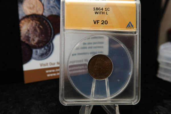 1864 Indian Head Small Cent, With L. ANACS Graded VF20. Store # 08489