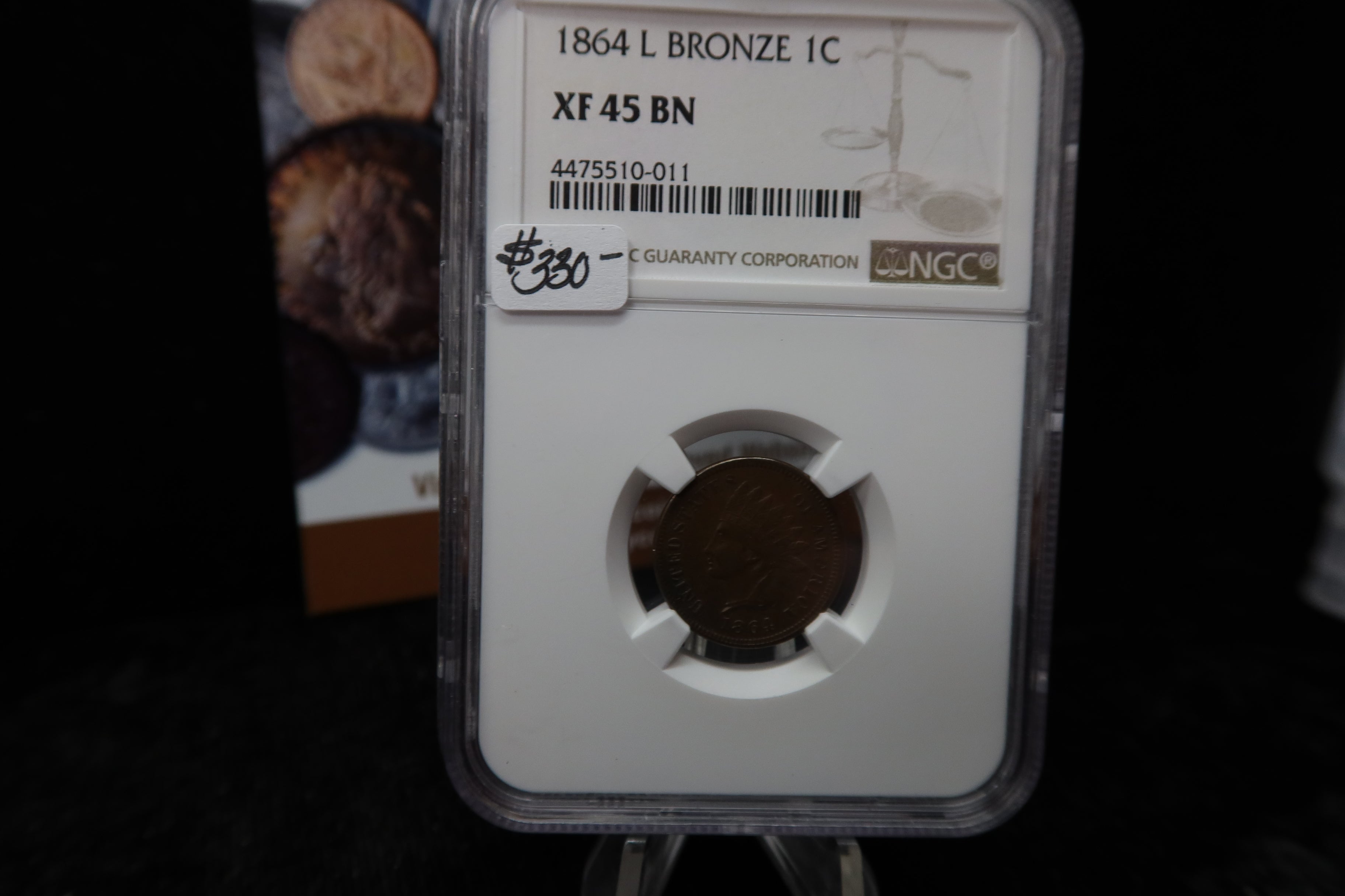 1864 Indian Head Small Cent, With L. NGC Graded XF45 BN. Store # 08490