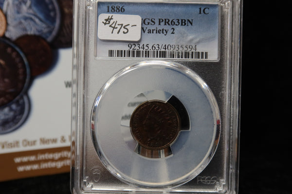1886 Indian Head Small Cent. Variety II. PCGS Graded PR63 BN. Store # 08508