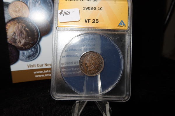 1908-S Indian Head Small Cent. ANACS Graded VF25. Store # 08511
