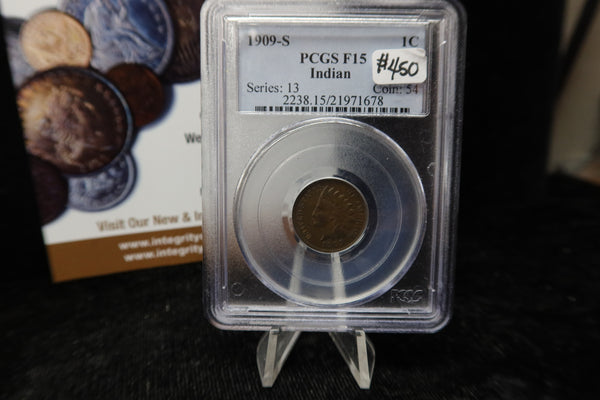 1909-S Indian Head Small Cent. PCGS Graded F15. Store # 08513