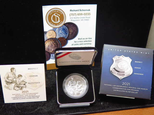 2021-P Law Enforcement Memorial Silver Dollar Commemorative, Original Government Package, Store