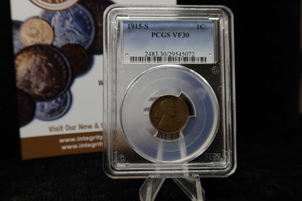 1915-S Lincoln Wheat Cent. PCGS Graded VF30. Store # 08518