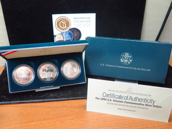 1994-P US Veterans Proof Silver Dollars Commemorative Set, Original Government Package, Store #12314