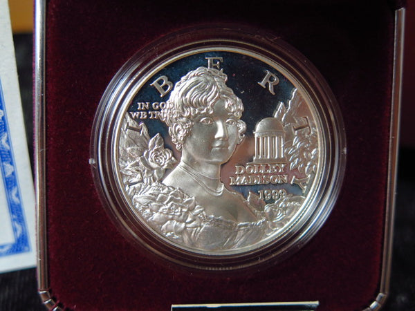 1999-P Dolley Madison Proof Silver Dollar Commemorative, Original Government Package, Store #12312