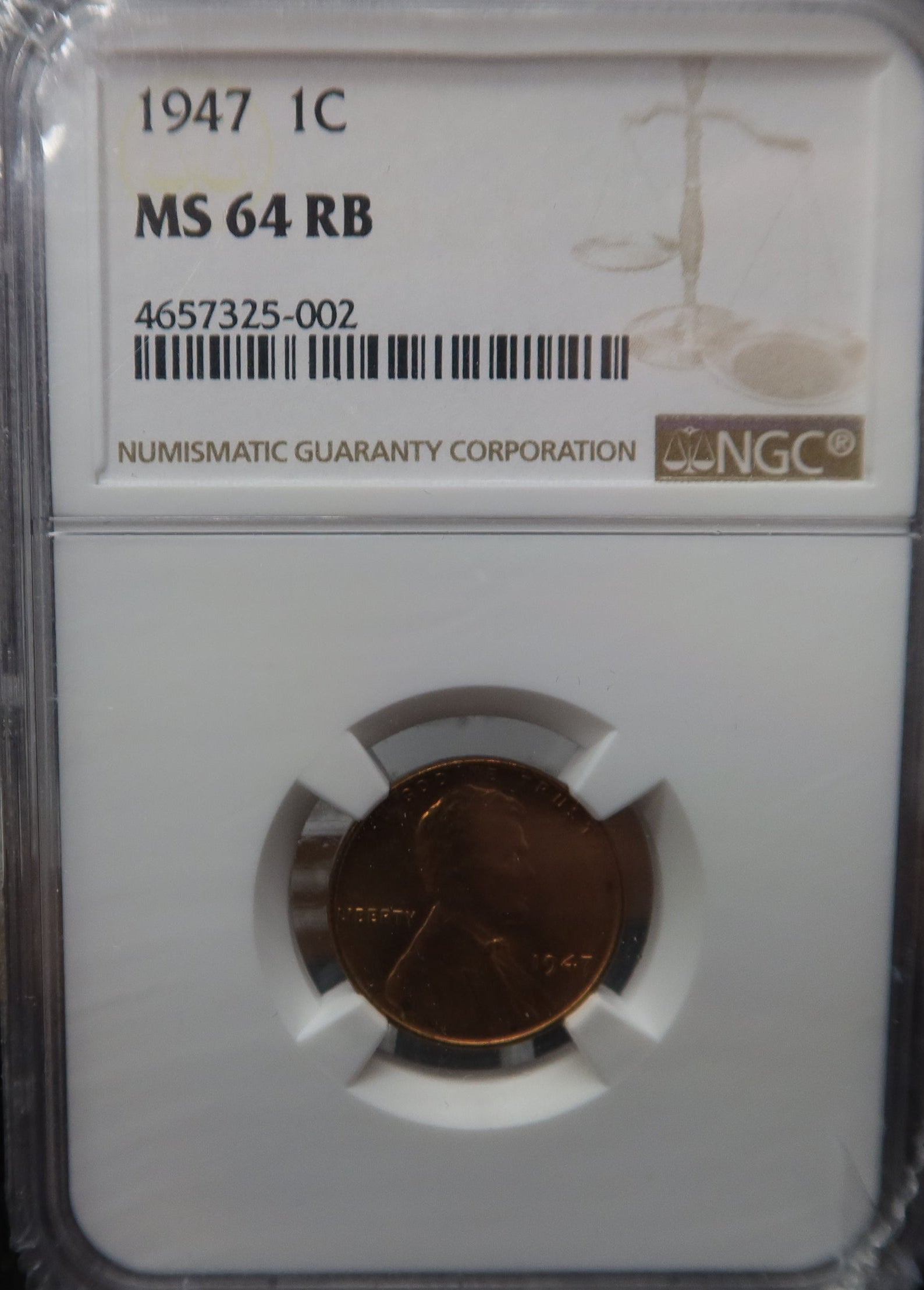 1947 Lincoln Wheat Cent. NGC Graded MS64 RB. Store #GCT064
