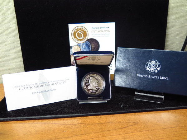 2000-P Leif Ericson Millennium Proof Silver Dollar Commemorative, Original Government Package, Store #12290
