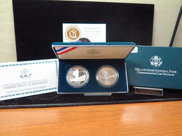 1999-P Yellowstone Proof and UNC Silver Dollar Commemorative Set, Original Government Package, Store #00176