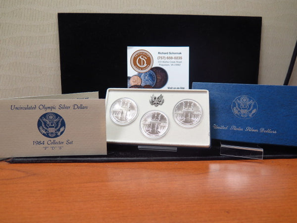 1984-P, D, S Olympic Silver Dollar Commemorative Set, Original Government Package, Store #12275