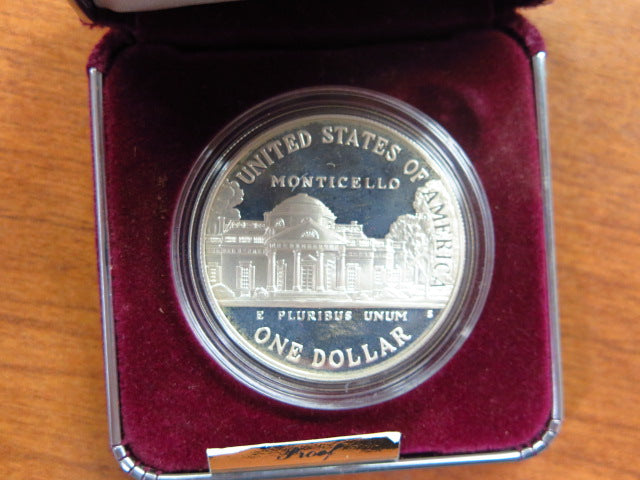 1993-S Jefferson 250th Anniversary Proof Silver Dollar Commemorative, Original Government Package, Store