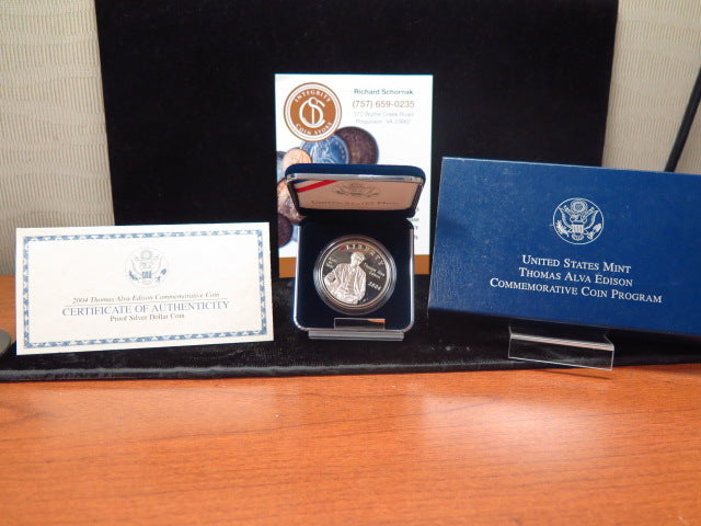 2004-P Thomas Edison Proof Silver Dollar Commemorative, Original Government Package, Store