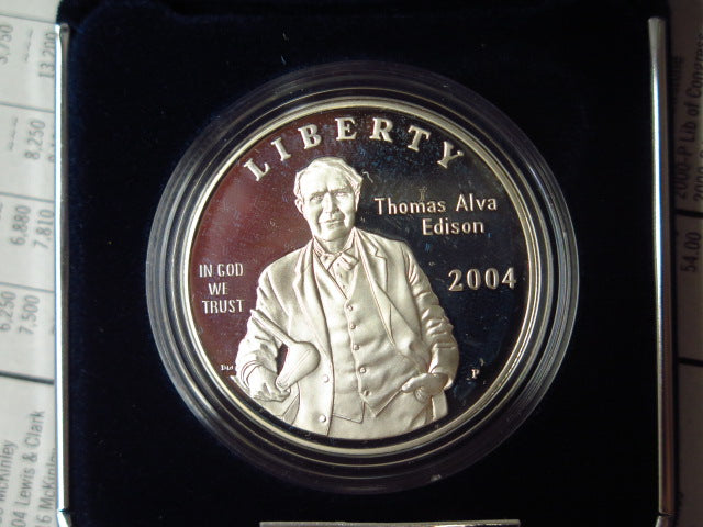 2004-P Thomas Edison Proof Silver Dollar Commemorative, Original Government Package, Store