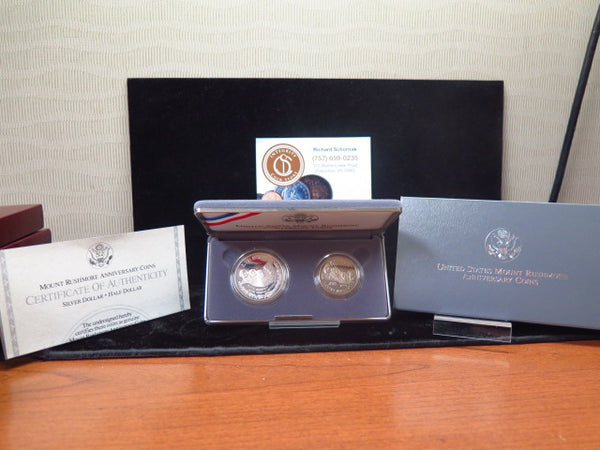 1991-S Mt. Rushmore Anniversary Proof Silver Dollar and Clad Half Dollar Commemorative Set, Original Government Package, Store #12345