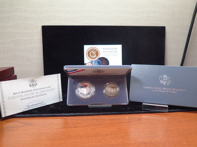 1991-S Mt. Rushmore Anniversary Proof Silver Dollar and Clad Half Dollar Commemorative Set, Original Government Package, Store