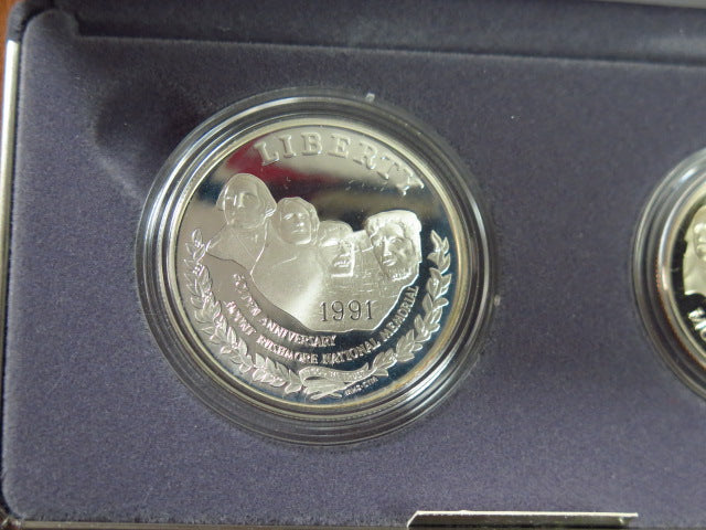 1991-S Mt. Rushmore Anniversary Proof Silver Dollar and Clad Half Dollar Commemorative Set, Original Government Package, Store