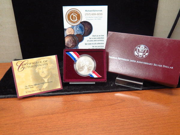 1993-P Jefferson 250th Anniversary UNC Silver Dollar Commemorative, Original Government Package, Store #12341