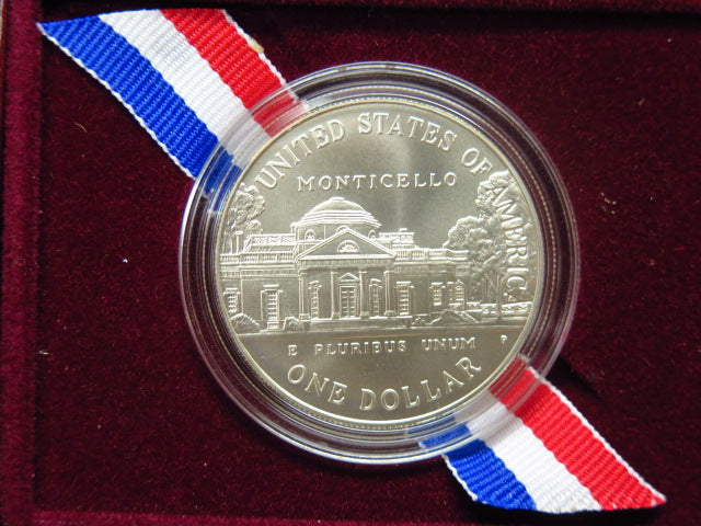 1993-P Jefferson 250th Anniversary UNC Silver Dollar Commemorative, Original Government Package, Store