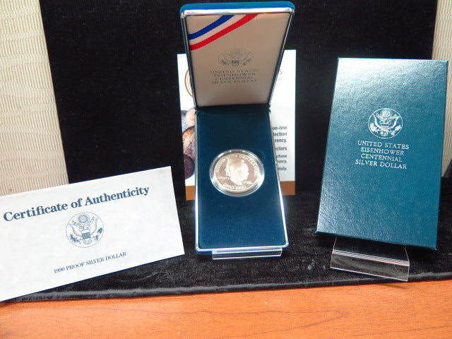 1990-P Eisenhower Centennial Proof Silver Dollar Commemorative, Original Government Package, Store