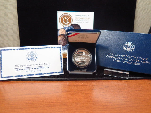 2001-P Capitol Visitor Center Proof Silver Dollar Commemorative, Original Government Package, Store
