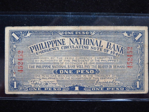 1941 Philippines One Peso Emergency Currency Banknote, Store #12417