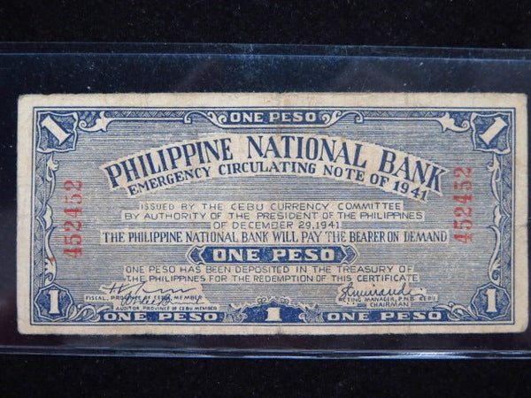 1941 Philippines One Peso Emergency Currency Banknote, Store #12417