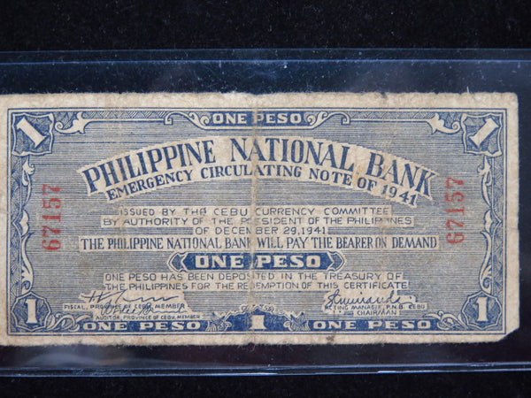 1941 Philippines One Peso Emergency Currency Banknote, Store #12419