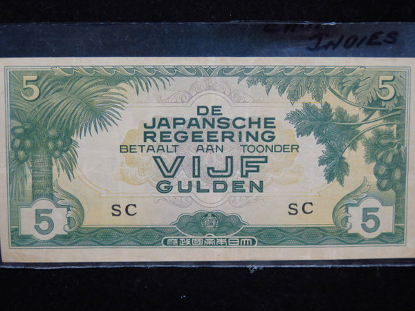 1940's Netherlands Indies 5 Gulden, Japanese Occupation WWII, Store #12432