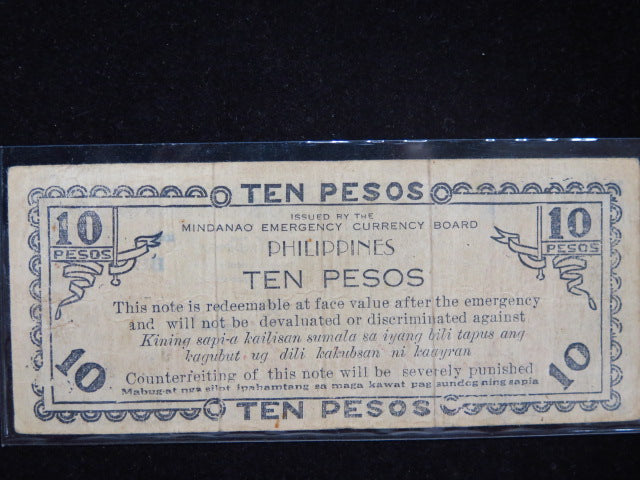 1943 Philippines Ten Pesos WWII Mindanao Emergency Currency Banknote, Store #12436