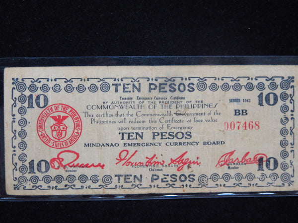1943 Philippines Ten Pesos WWII Mindanao Emergency Currency Banknote, Store #12436